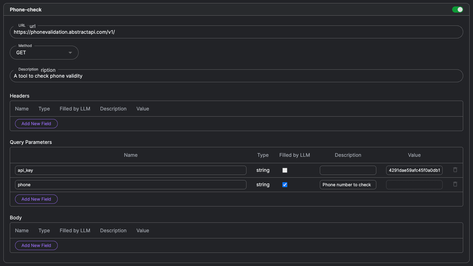 API Tool configuration example for phone validation